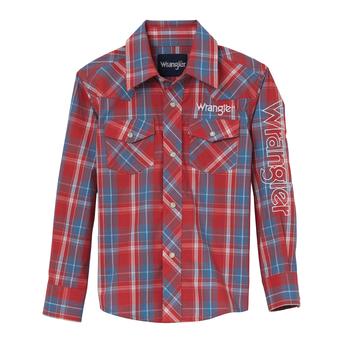 Boys Red & Blue Logo Long Sleeve Pearl Snap