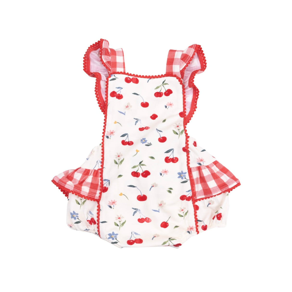 Watercolor Cherries + Gingham Ruffle Sunsuit