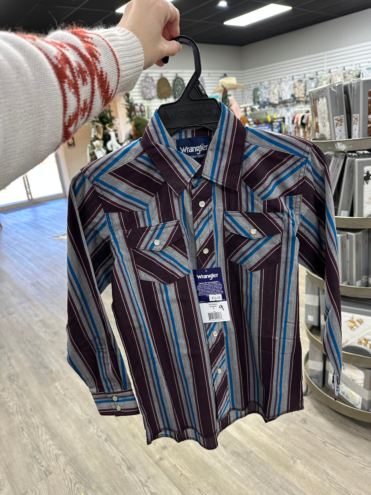 Maroon, Blue & Grey Stripe Long Sleeve Wrangler Retro