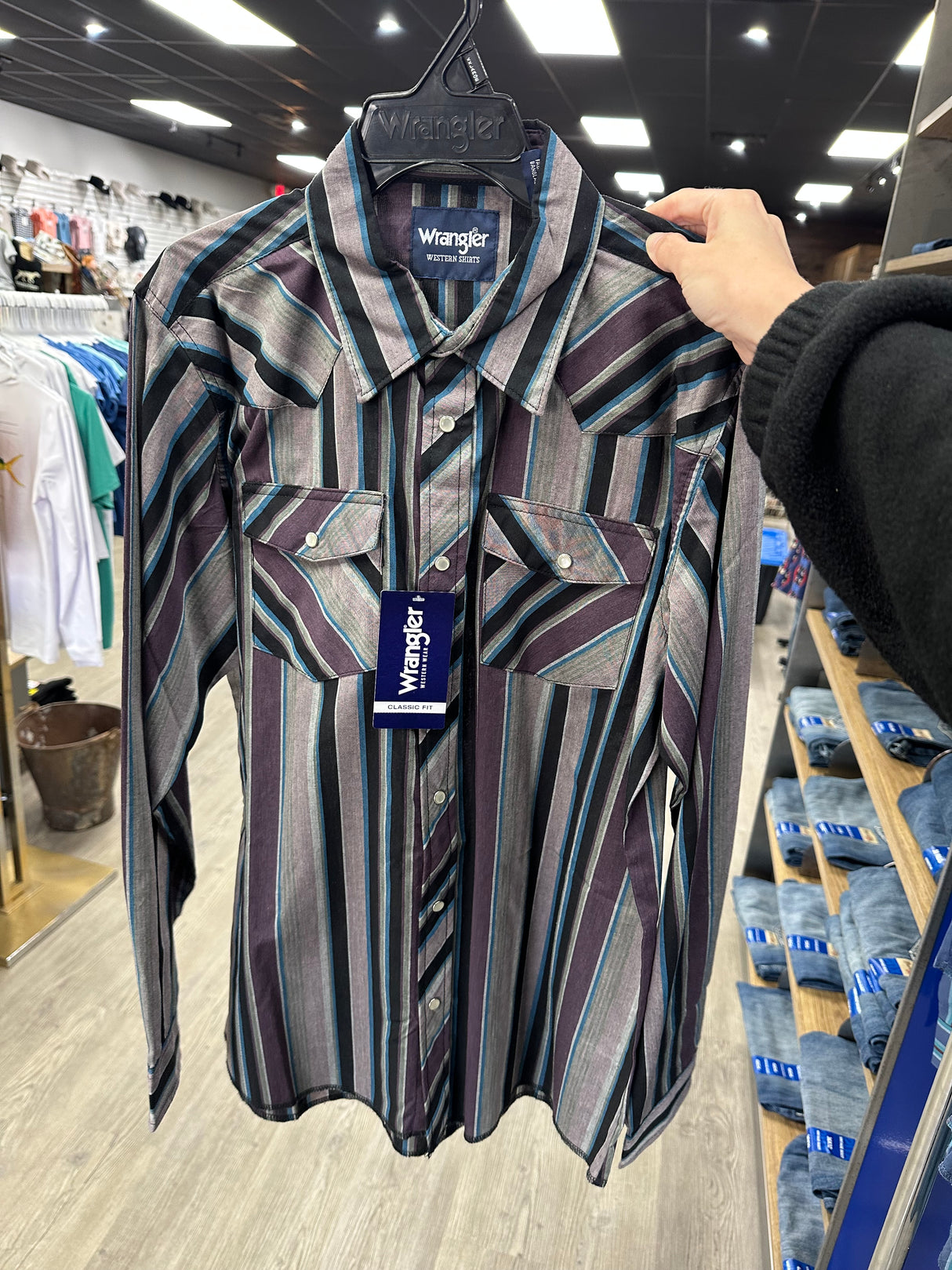 Grey, Purple & Black Stripe Long Sleeve Wrangler Retro