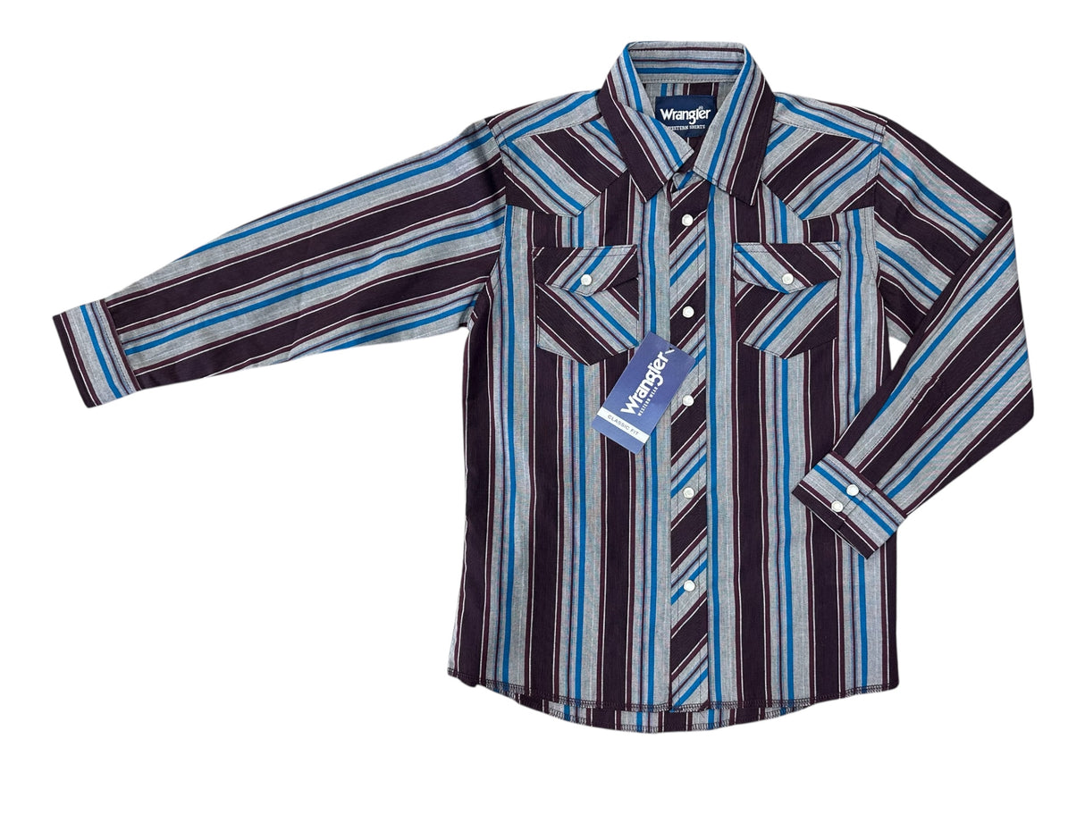 Maroon, Blue & Grey Stripe Long Sleeve Wrangler Retro