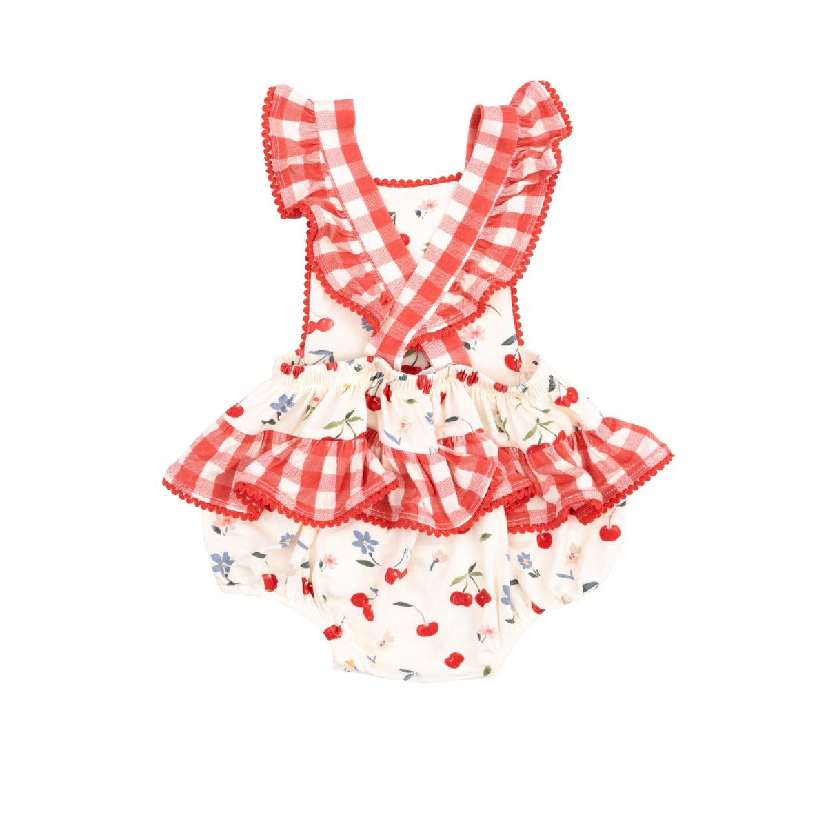 Watercolor Cherries + Gingham Ruffle Sunsuit