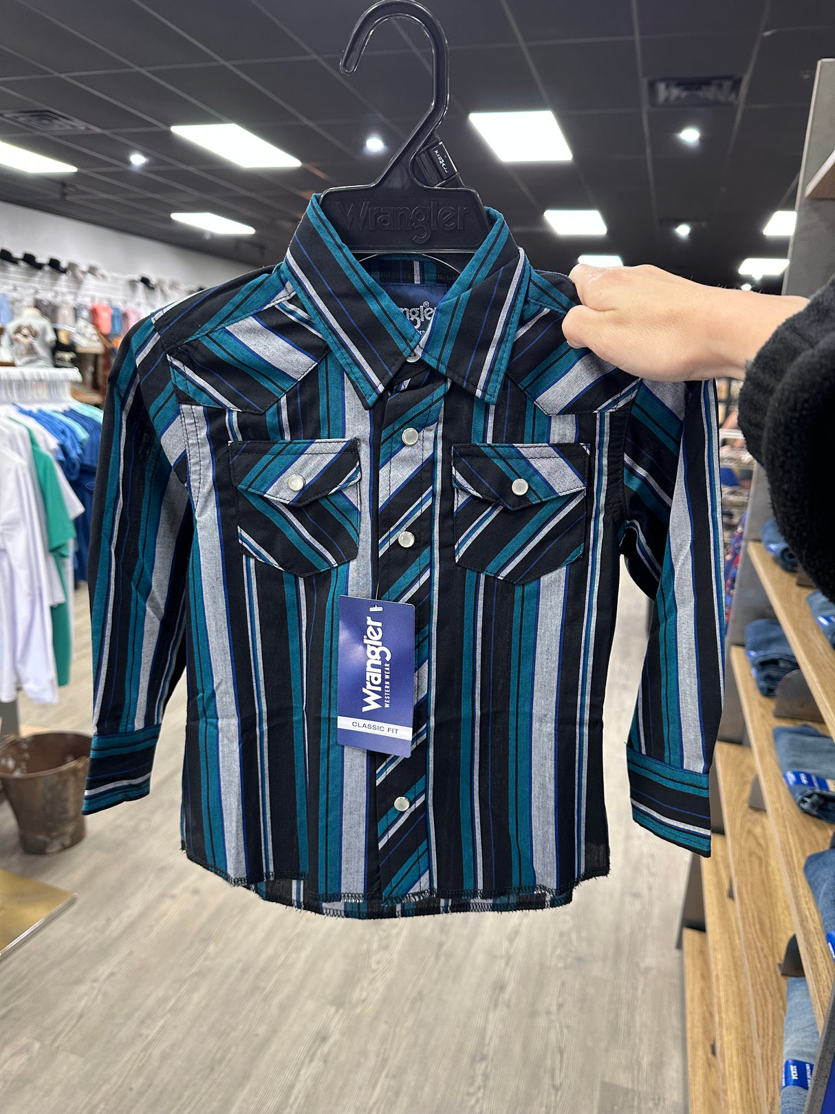 Black, Turquoise & Grey Stripe Long Sleeve Wrangler Retro