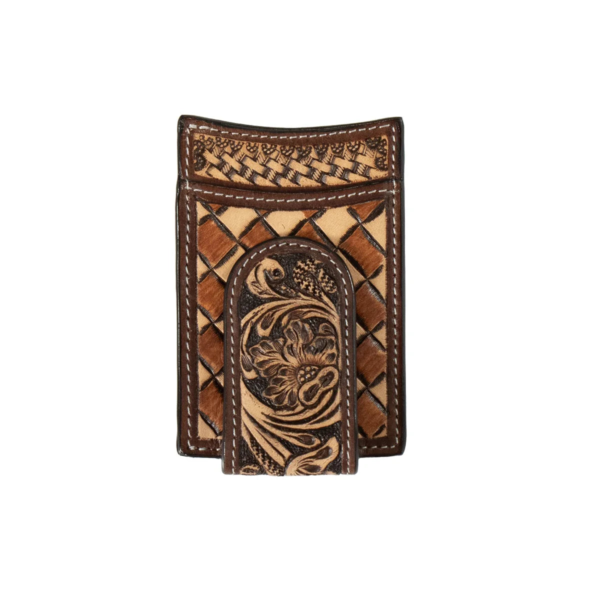 Hand Tooled Floral Basketweave Money Clip