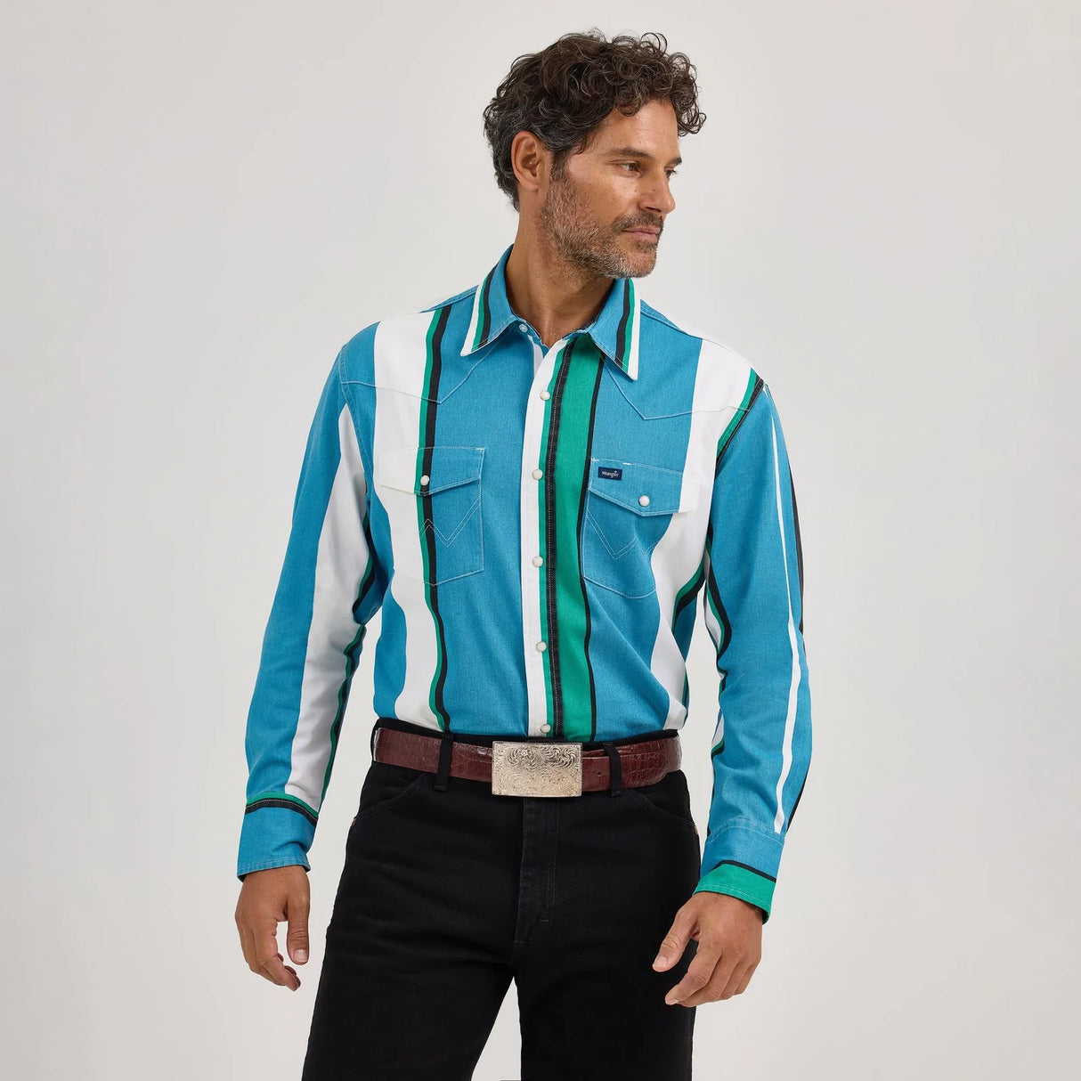 Vintage Stripe Turquoise & Green Pearl Snap