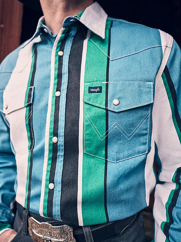 Vintage Stripe Turquoise & Green Pearl Snap