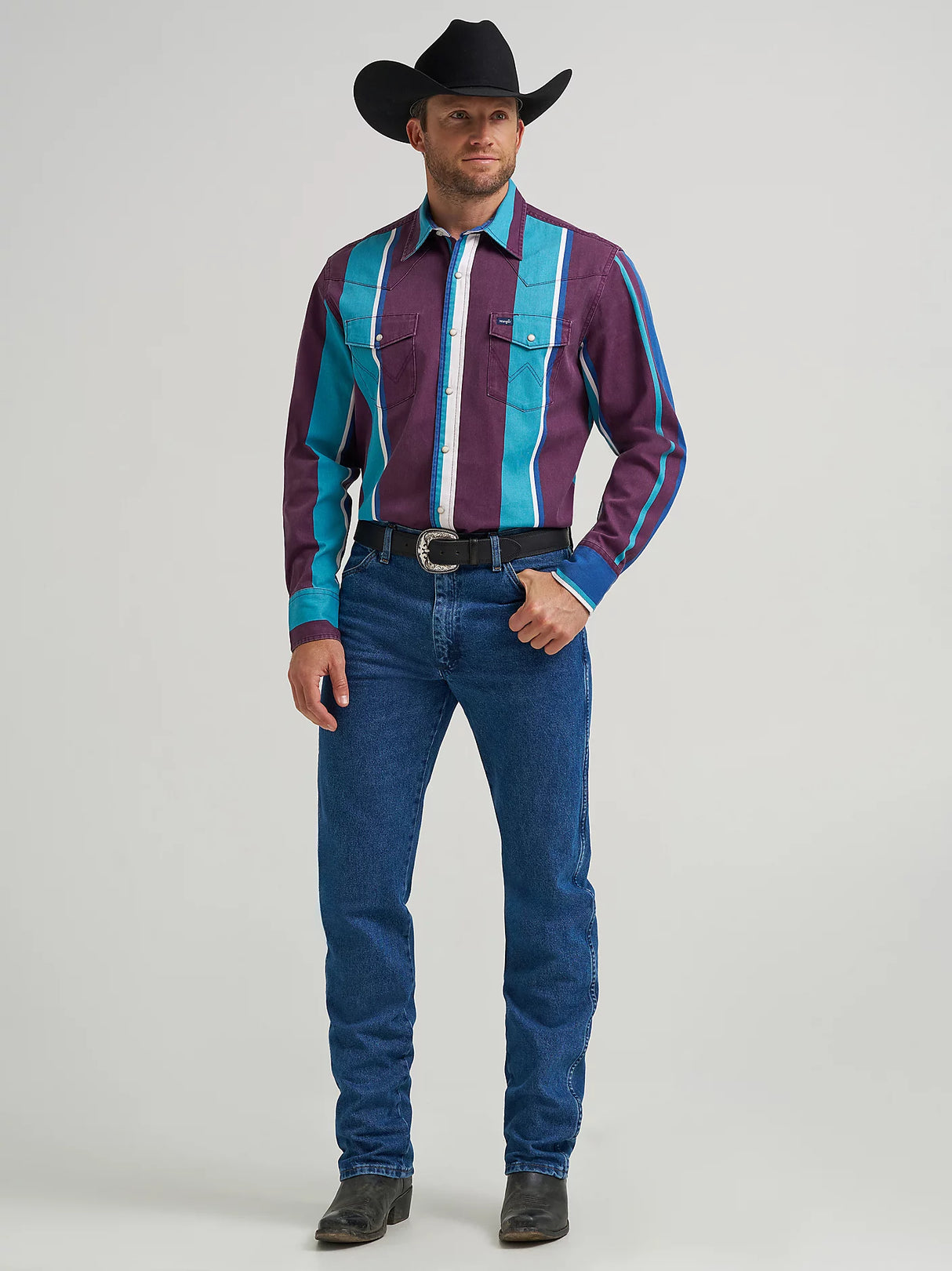 Vintage Big Stripe Purple & Turquoise Pearl Snap