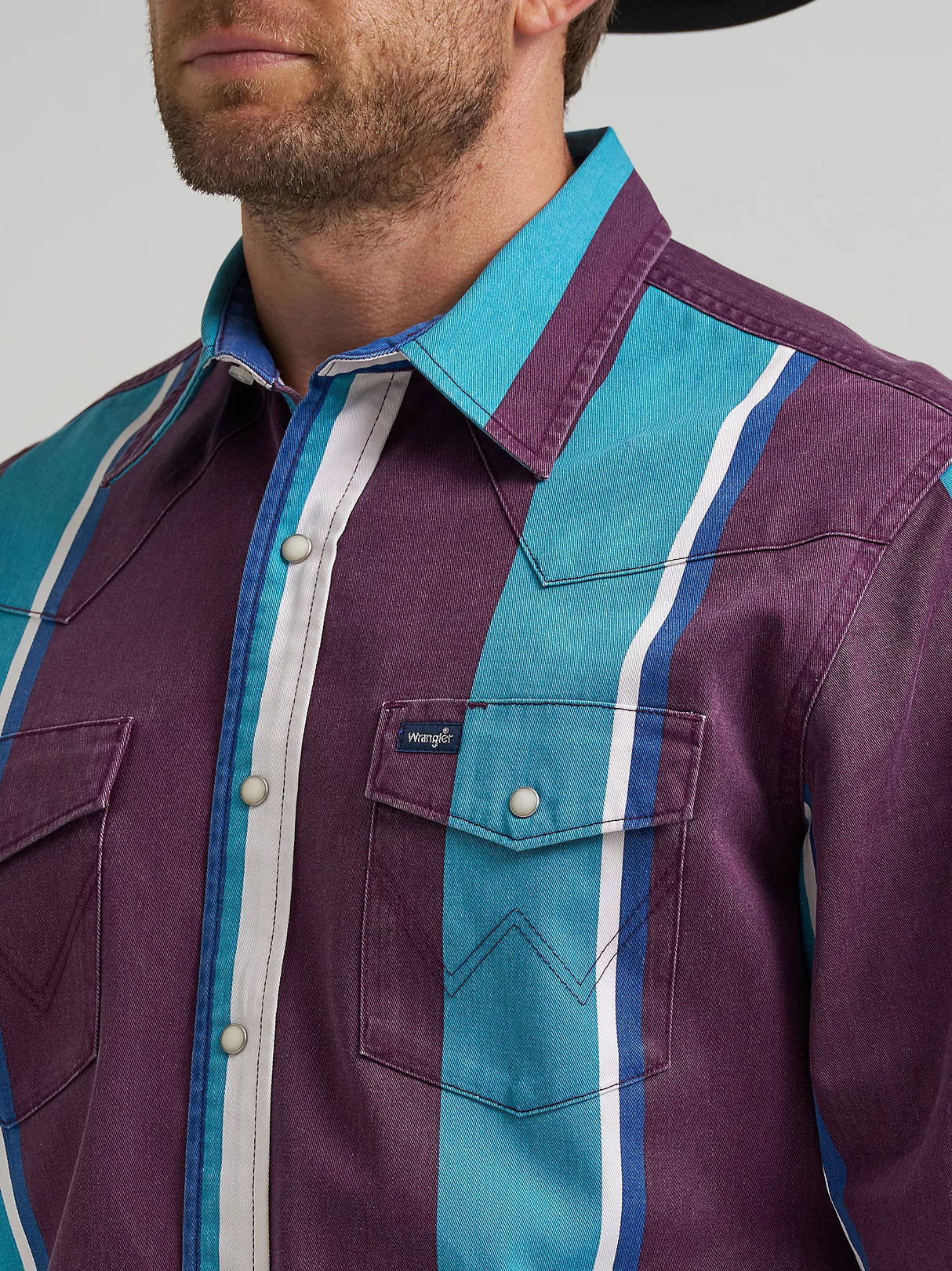 Vintage Big Stripe Purple & Turquoise Pearl Snap