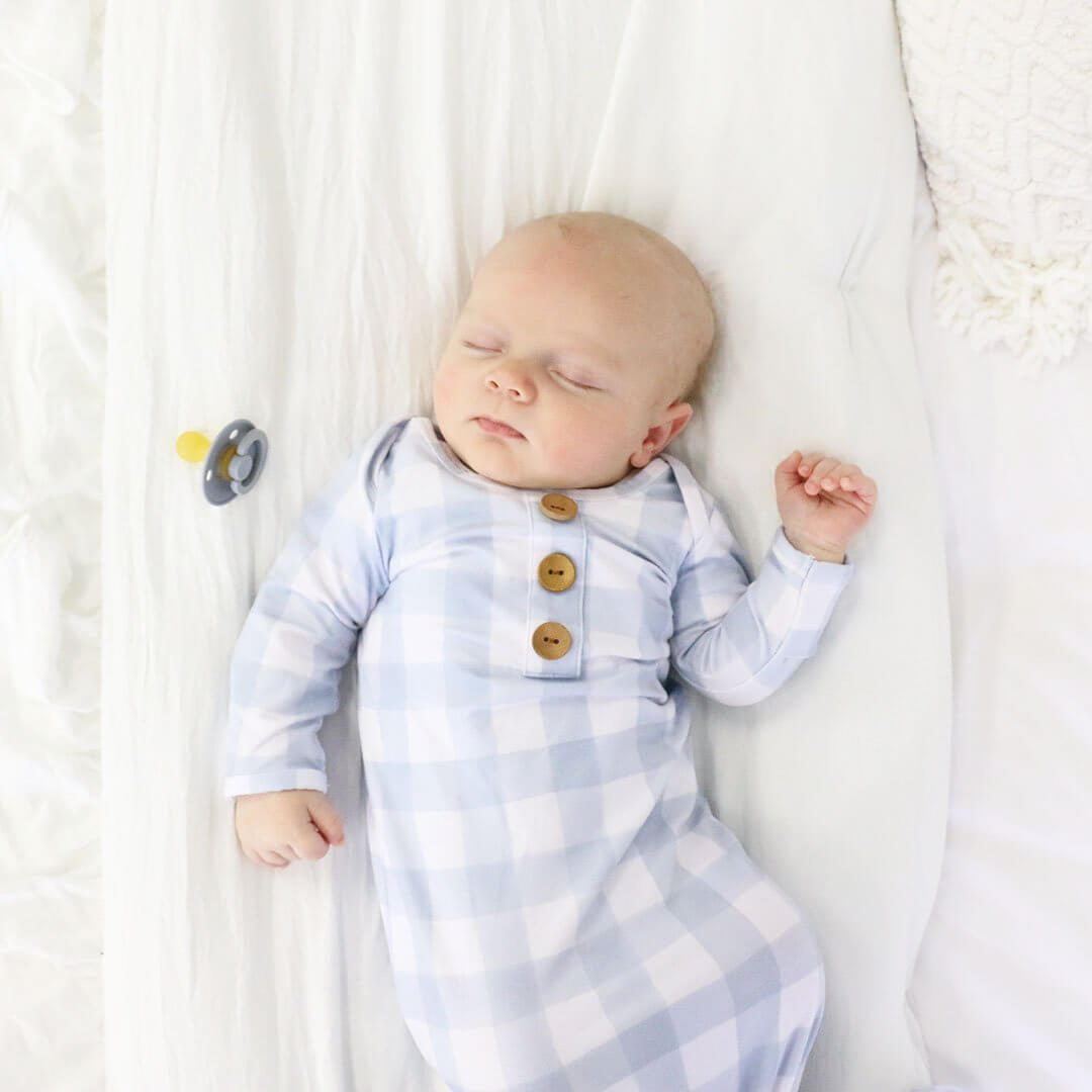 Dusty Blue Gingham Newborn Knotted Gown + Hat