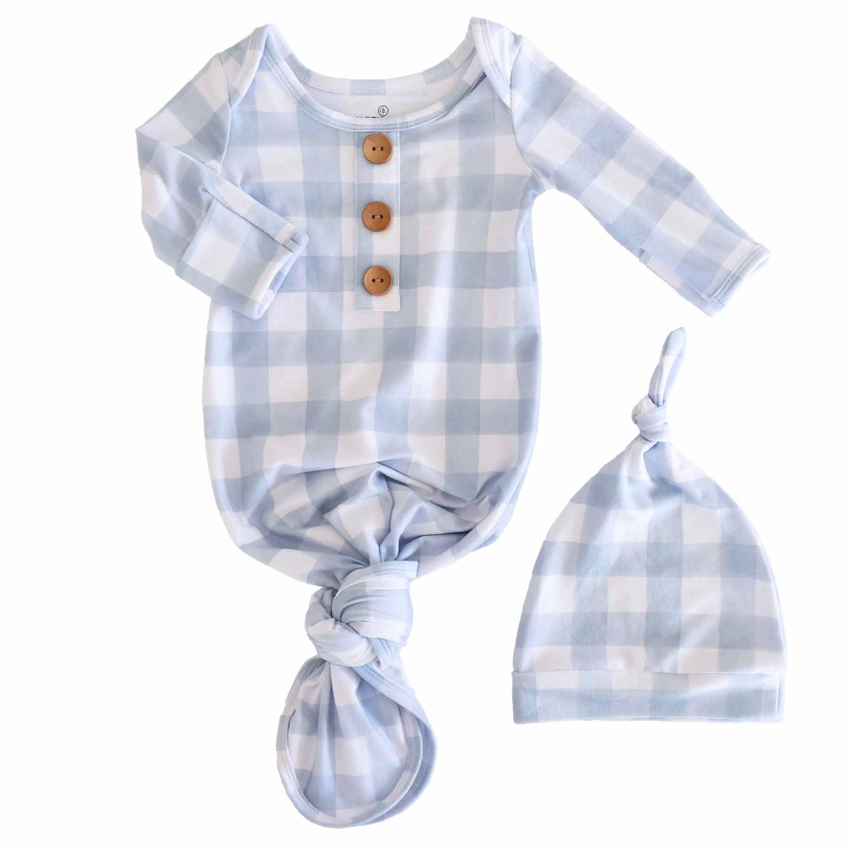 Dusty Blue Gingham Newborn Knotted Gown + Hat