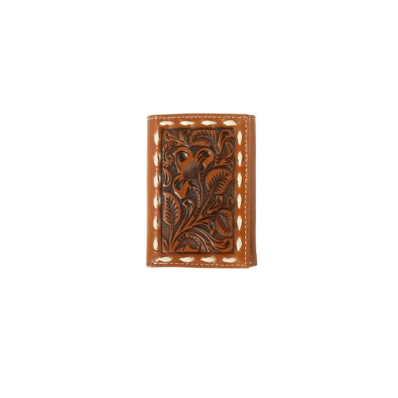 Buck Lace Floral Embossed Tan Trifold Wallet