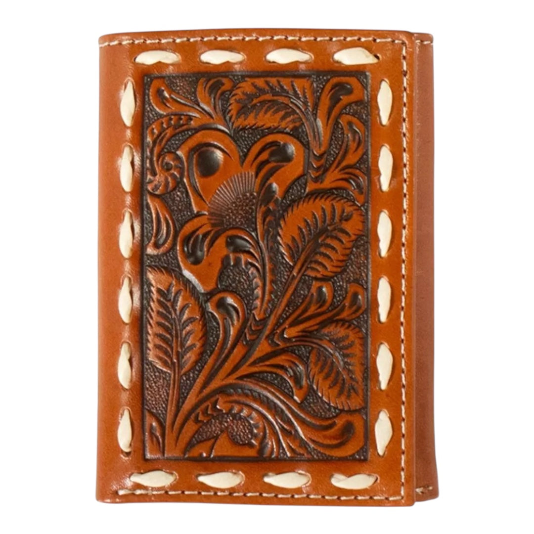 Buck Lace Floral Embossed Tan Trifold Wallet