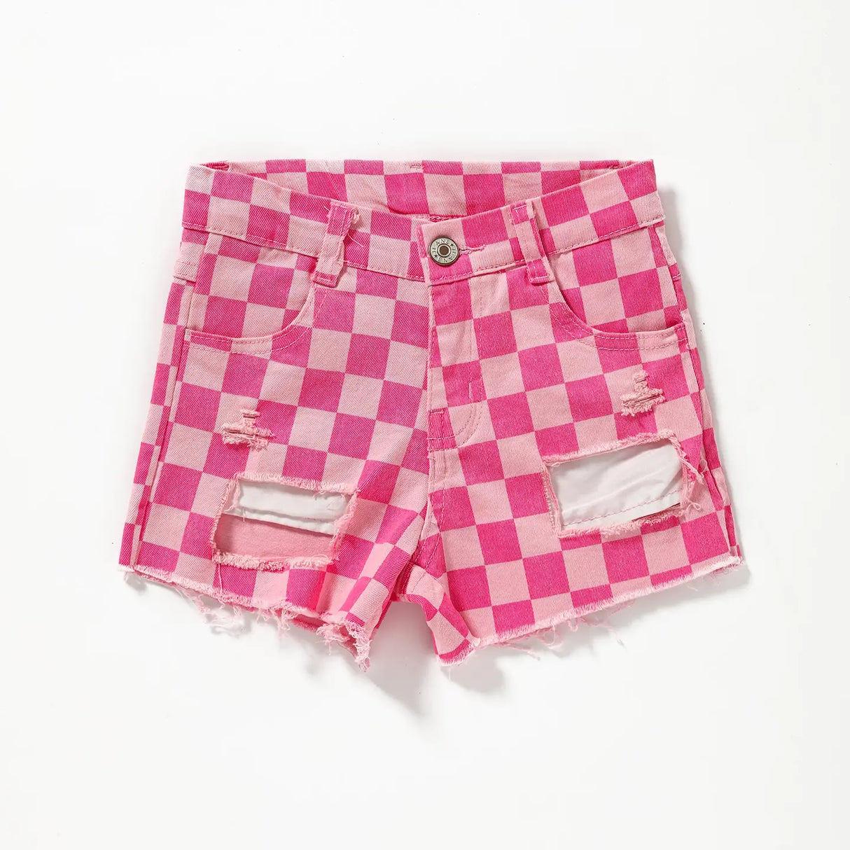 Girls Pink Checkered Denim Shorts