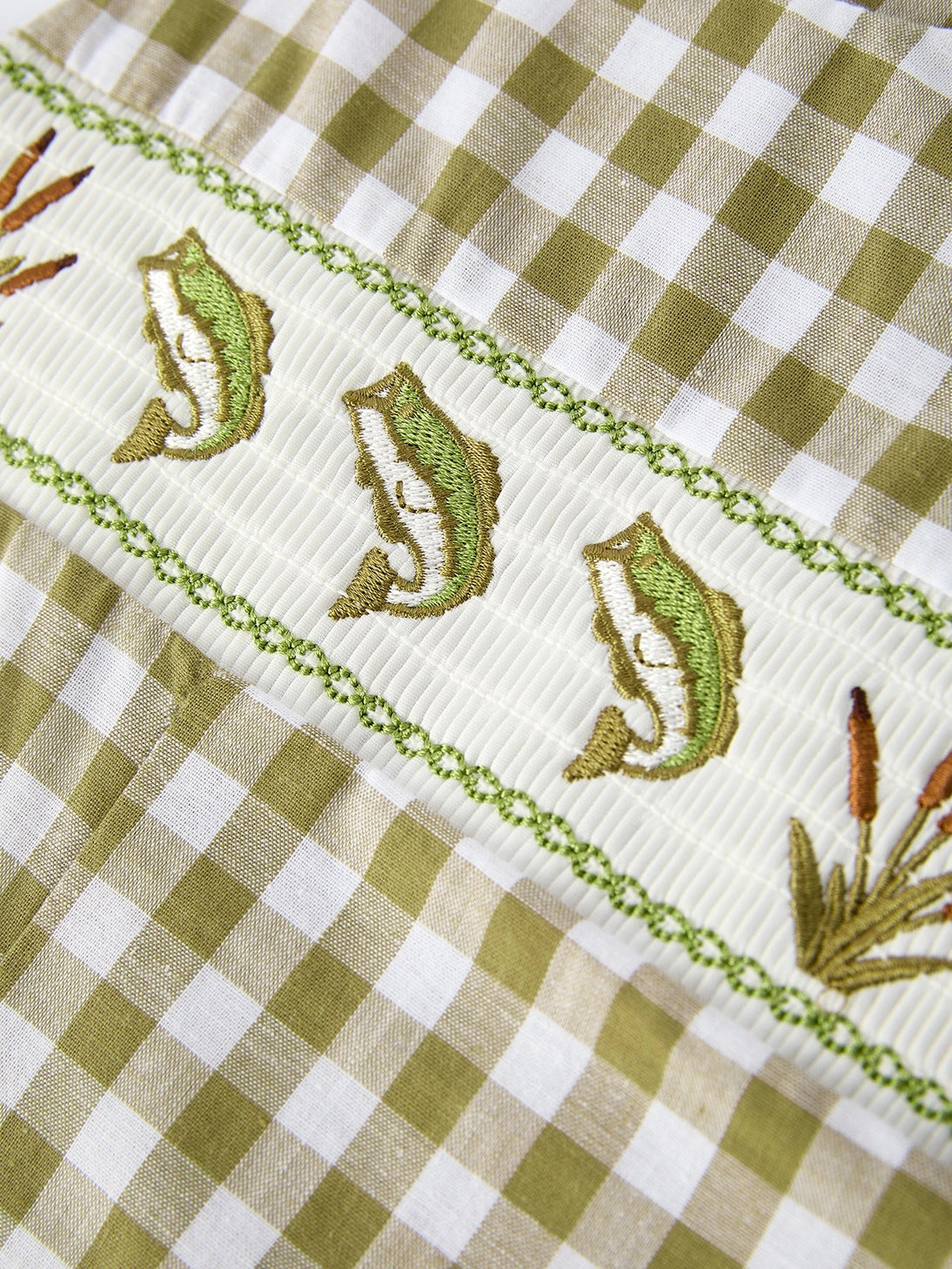 Green Plaid Embroidered Fish Romper