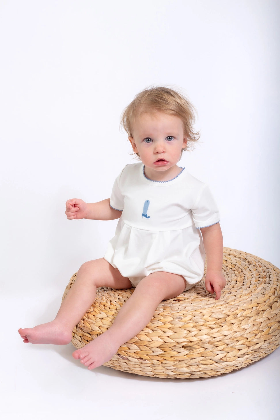 Blue Boot Pip Embroidered Bubble Romper
