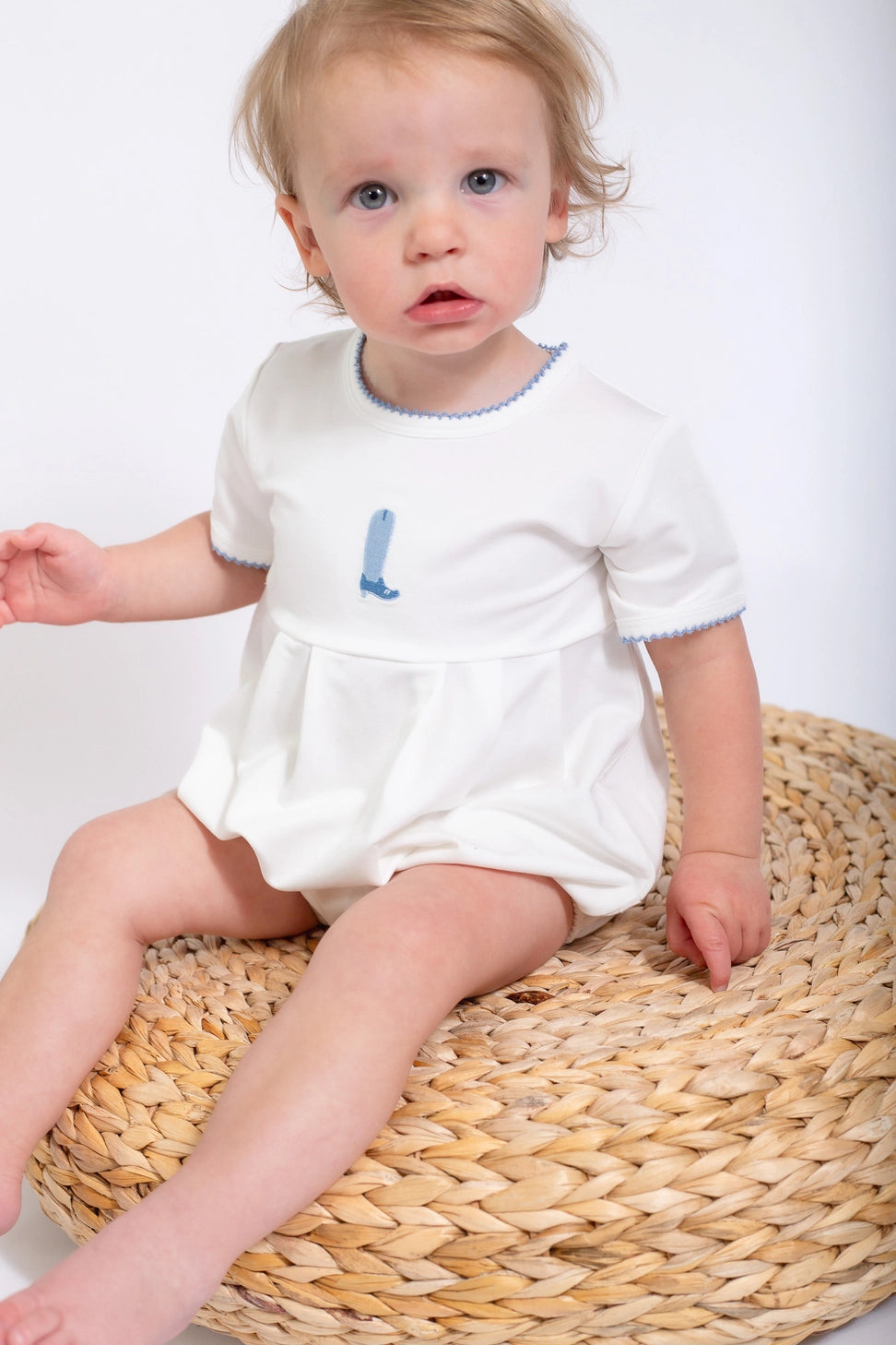 Blue Boot Pip Embroidered Bubble Romper