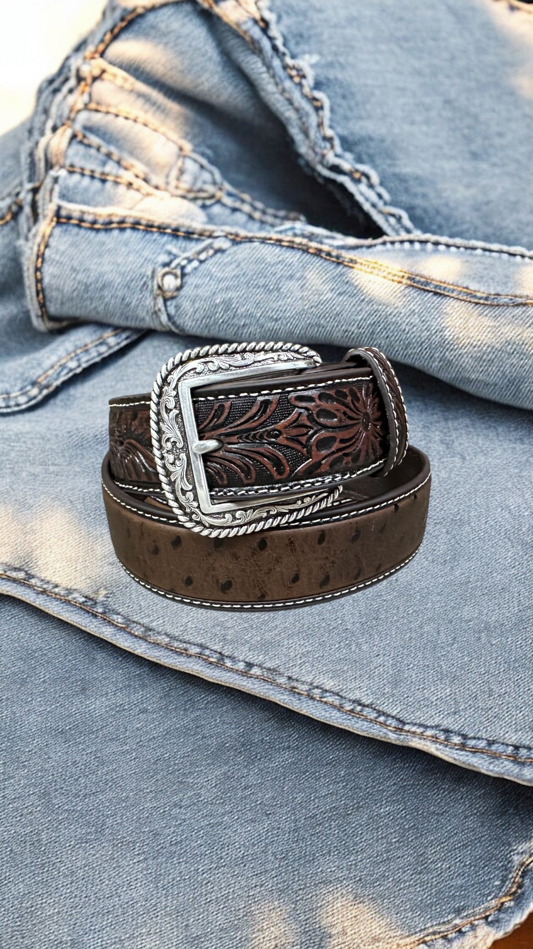 Ariat Men’s Ostrich Tooled Chocolate Belt