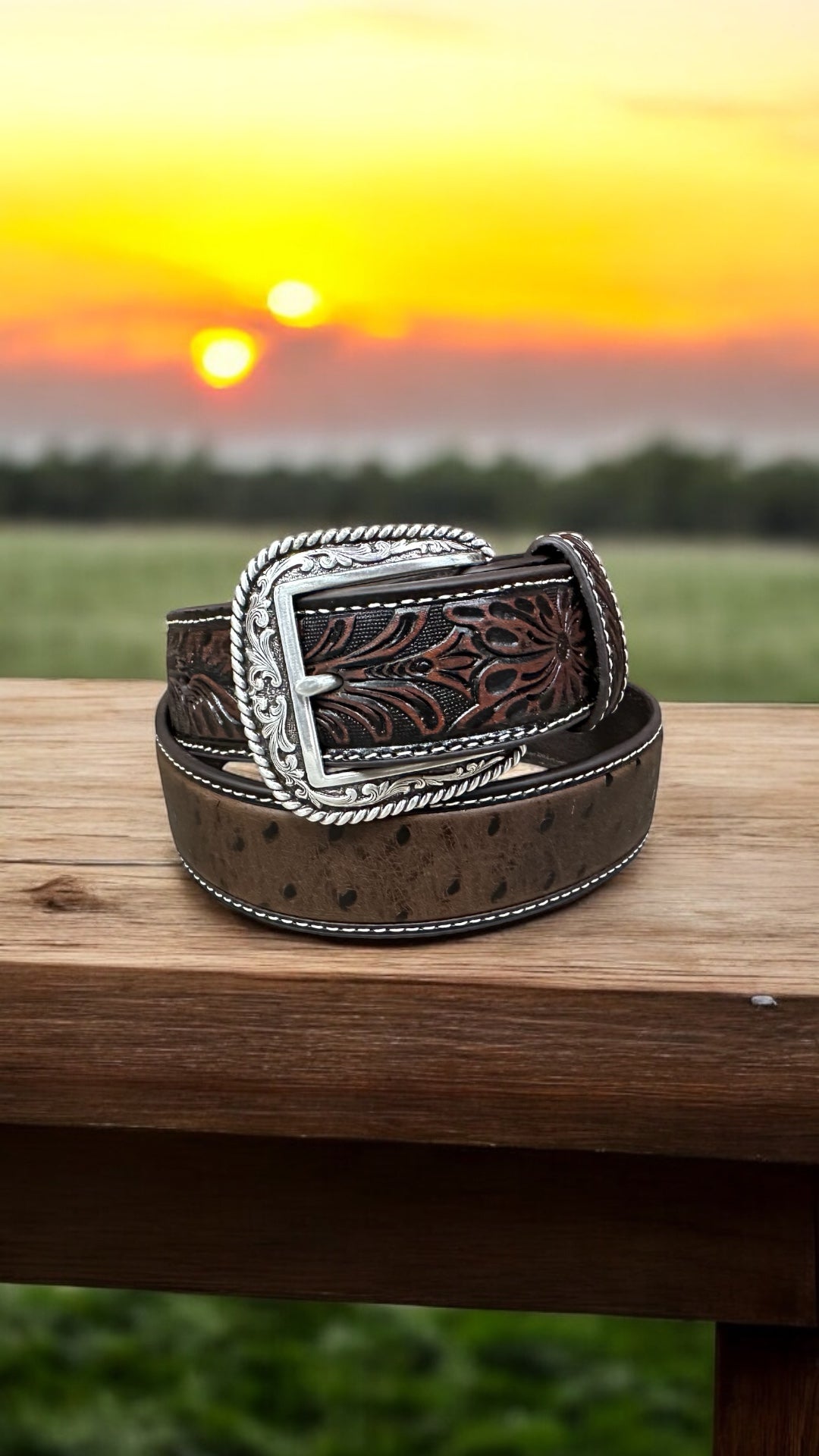 Ariat Men’s Ostrich Tooled Chocolate Belt