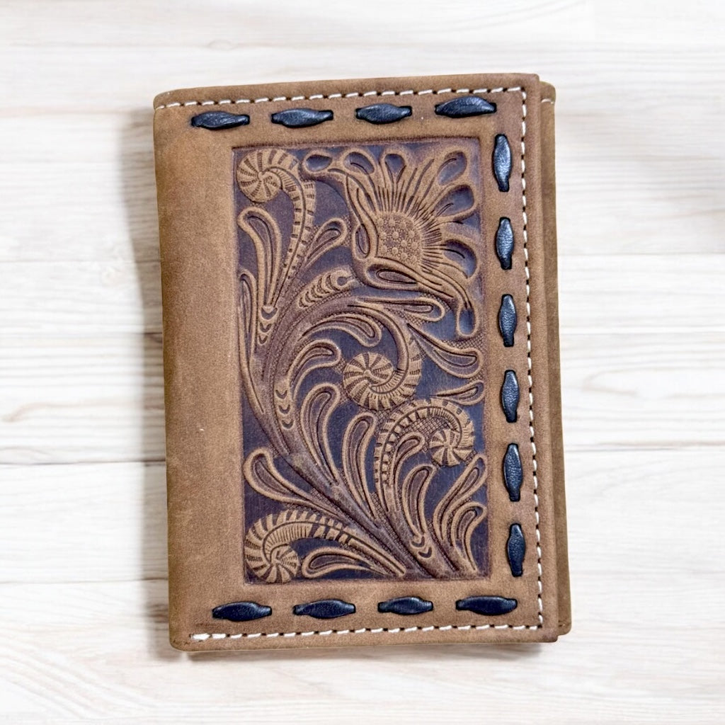 Floral Embossed Chocolate Trifold Wallet