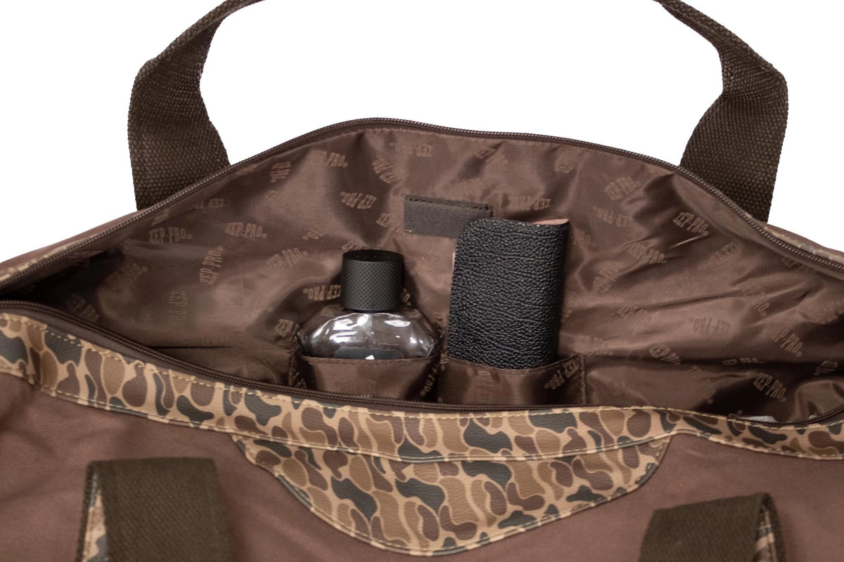 Mallard Brown Waxed Canvas Old School Camo Weekender Bag.