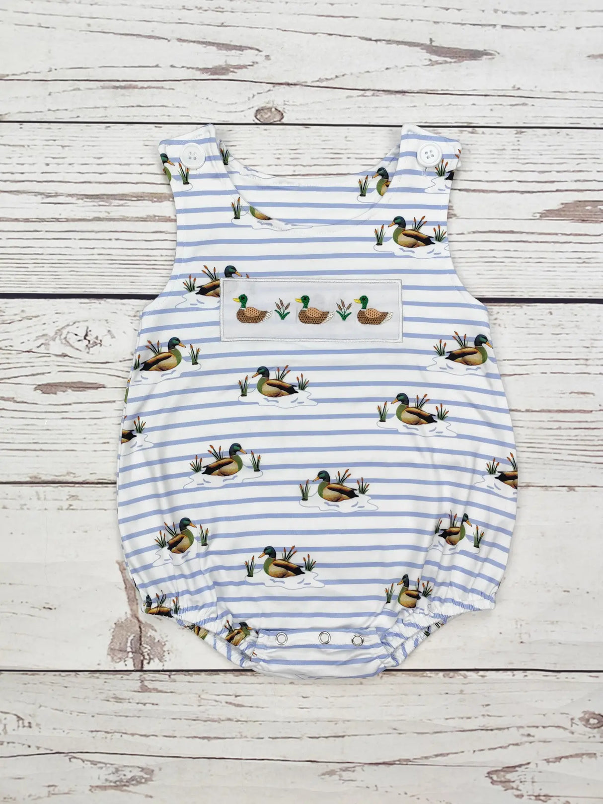 Baby Blue Stripe Duck Appliqué Bubble Romper