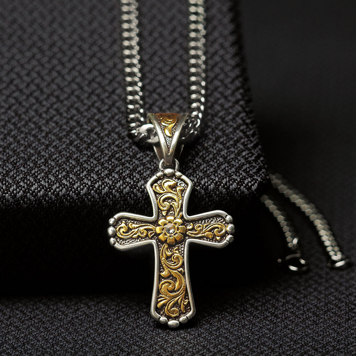 Antique Gold Floral Scroll Cross 22” Men’s Necklace