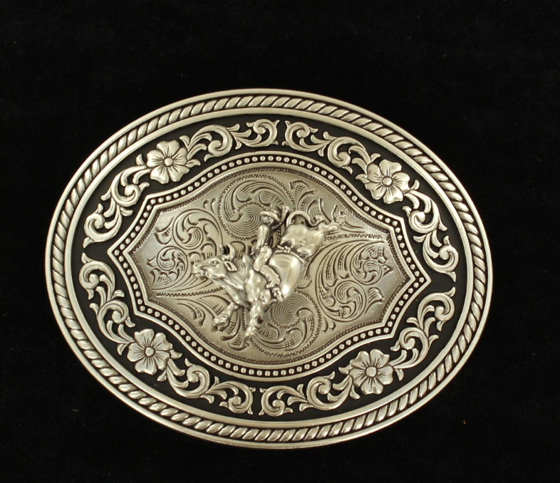 Oval Buckle Rope Edge Scroll Bull Rider Motif