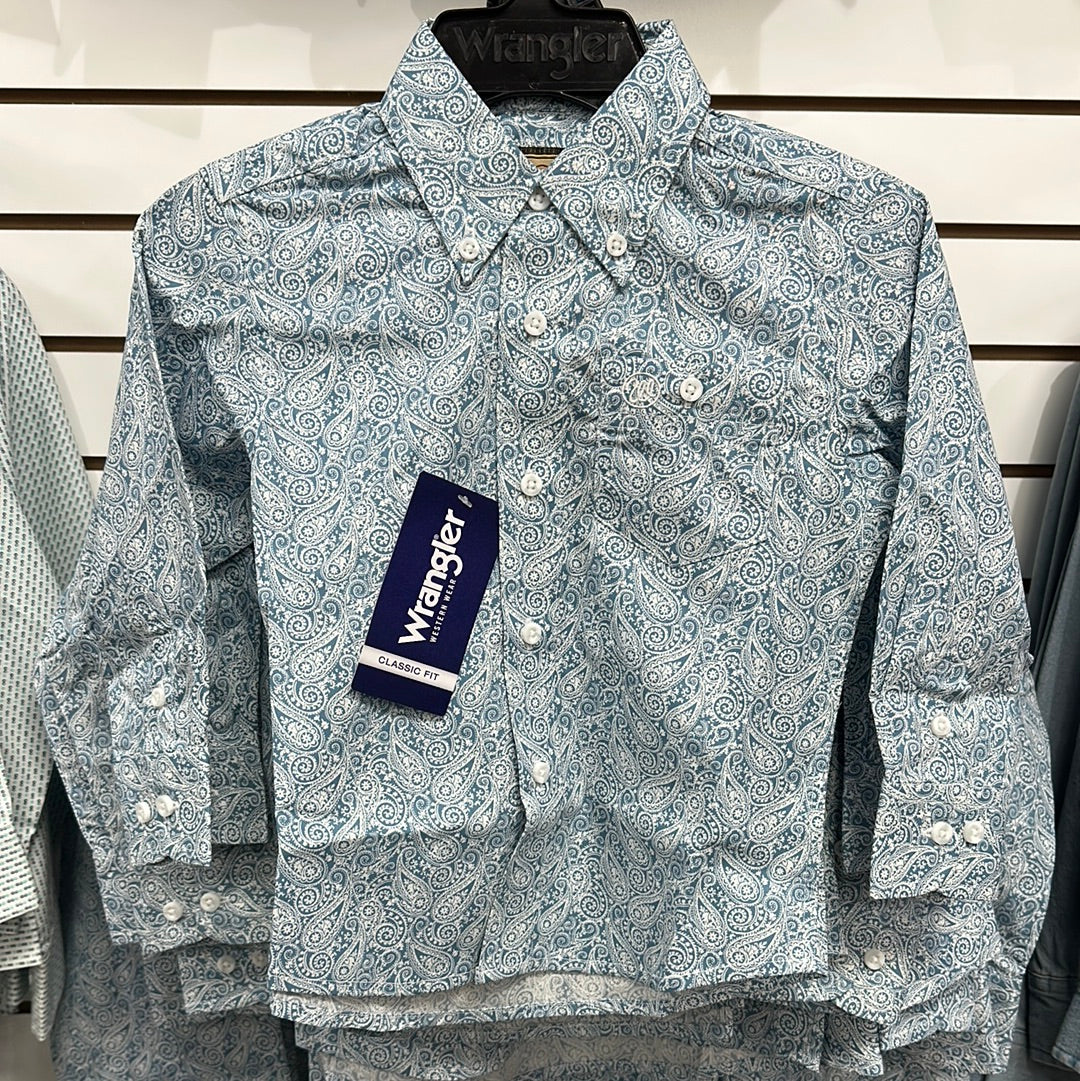 Boys Classic Long Sleeve White & Blue Paisley