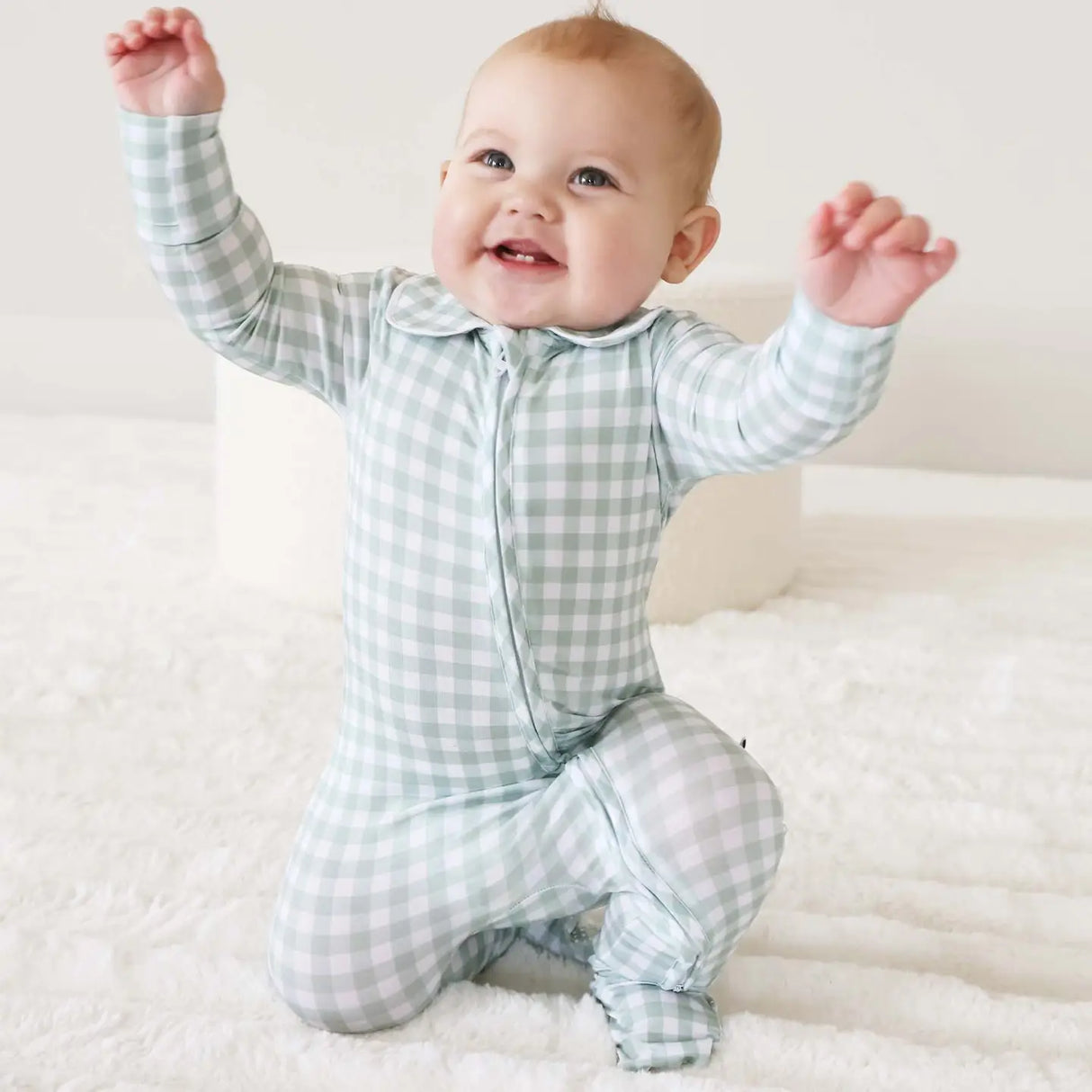 Moss Gingham Peter Pan Collar Zipper Footie