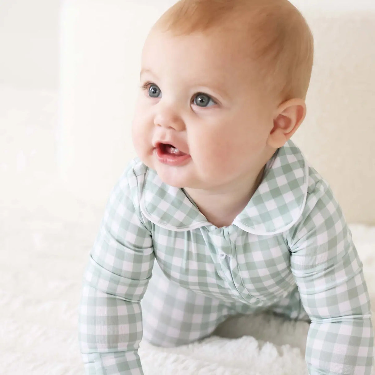 Moss Gingham Peter Pan Collar Zipper Footie