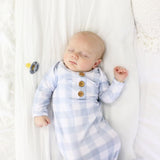 Dusty Blue Gingham Newborn Knotted Gown + Hat