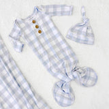 Dusty Blue Gingham Newborn Knotted Gown + Hat