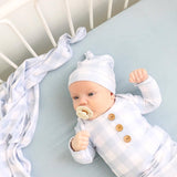 Dusty Blue Gingham Newborn Knotted Gown + Hat