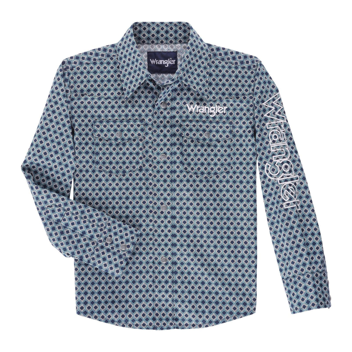 Boys Wrangler Logo Blue Diamond Pearl Snap