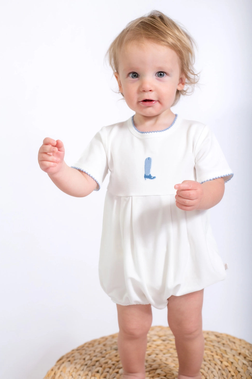 Blue Boot Pip Embroidered Bubble Romper