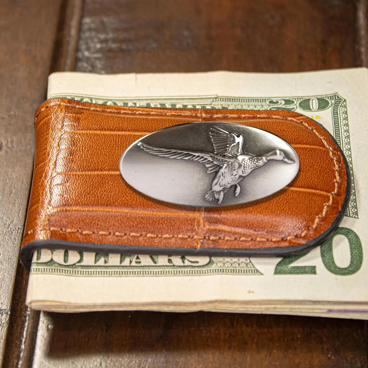 Mallard Croc Leather Magnetic Money Clip Wallet - Slim Front Pocket Silver Emblem