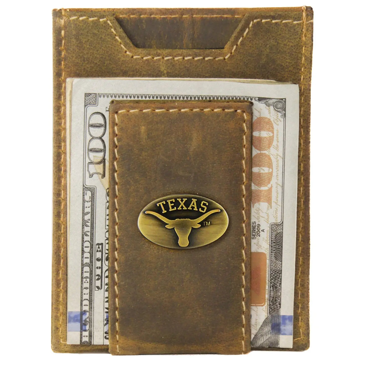 Texas Longhorns Vintage Tan Leather Magnetic Front Pocket Wallet