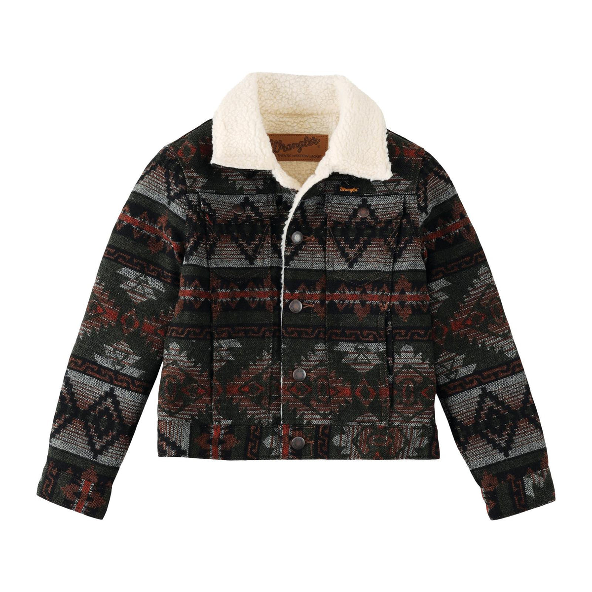Wrangler Boys Jacquard Olive & Red Aztec Sherpa Jacket – Little 