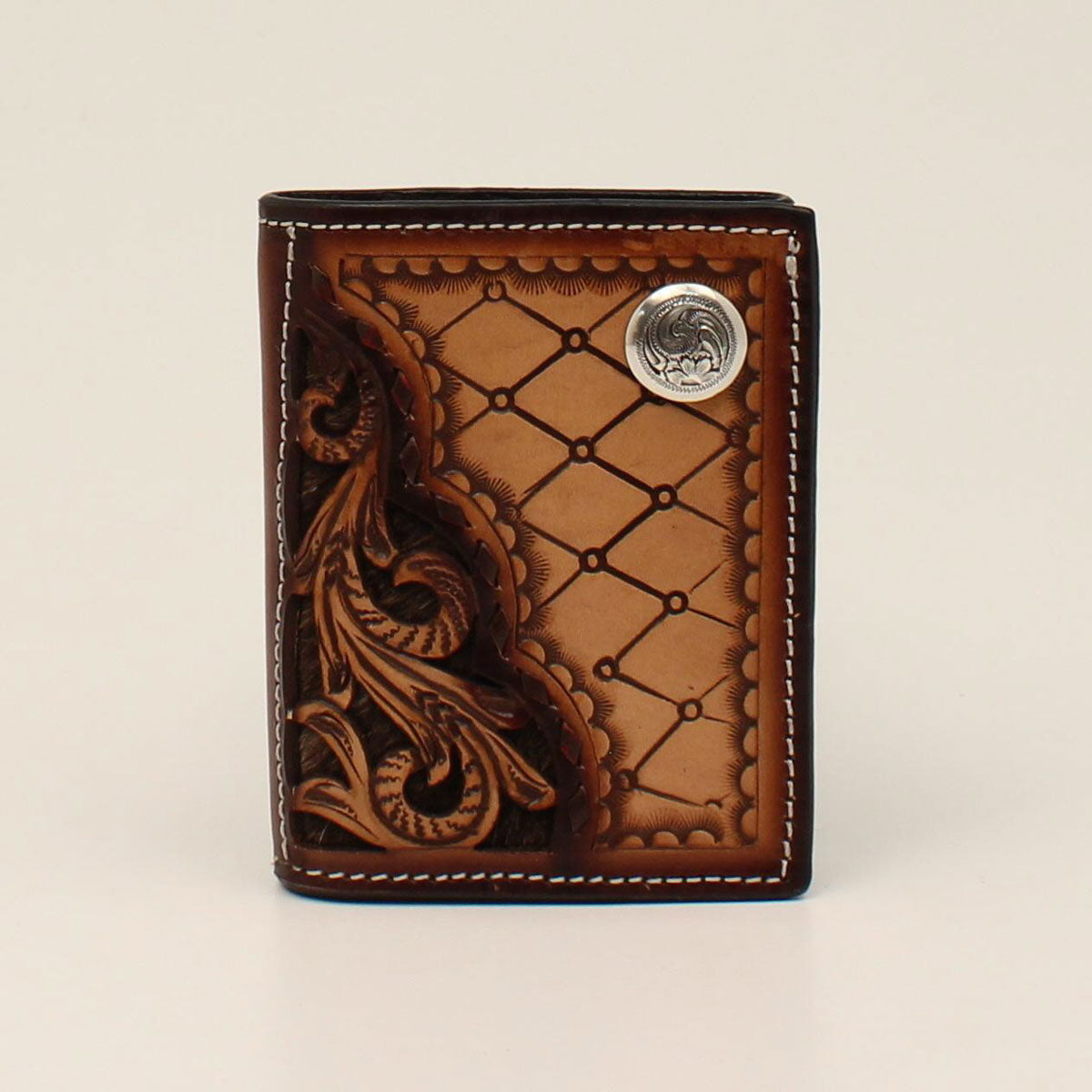 3D TRIFOLD WALLET FLORAL DIAMOND TOOLED ROUND CONCHO TAN